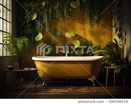 a bathtub in front of a green wall with plants on the walls and flooring it is surrounded by plants. AI Generative. 106590659