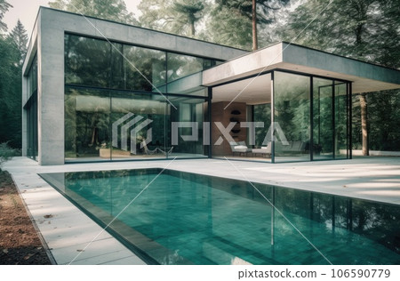 Design house - modern villa with open plan living and private bedroom wing. Large terrace with privacy and, swimming pool. Generative AI. 106590779