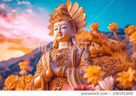 Beautiful sculpture Golden Tara on golden background. AI Generative 106591008