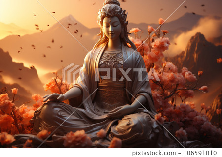 Beautiful sculpture Golden Tara on golden background. AI Generative 106591010