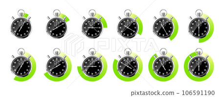 Realistic classic stopwatch. Shiny metal chronometer, black time counter with dial. Green countdown timer showing minutes, seconds. Time measurement for sport, start and finish. Vector illustration 106591190