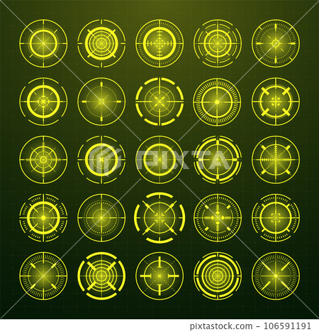Crosshair, gun sight vector icons. Bullseye, black target or aim symbol. Military rifle scope, shooting mark sign. Targeting, aiming for a shot. Archery, hunting and sports shooting. Game UI element. 106591191