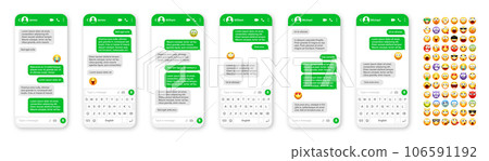 Smartphone messaging app, user interface design with emoji. SMS text frame. Chat screen with green message bubbles. Texting app for communication. Social media application. Vector illustration 106591192