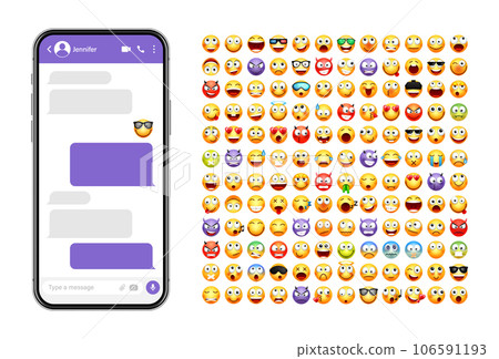 Smartphone messaging app, user interface design with emoji. SMS text frame. Chat screen with violet message bubbles. Texting app for communication. Social media application. Vector illustration 106591193