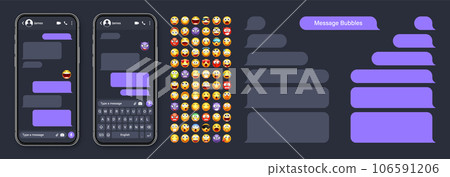 Smartphone messaging app, user interface with emoji. SMS text frame. Chat screen, violet message bubbles. Texting app for communication. Social media application. Dark mode. Vector illustration Smartphone messaging app, user interface with emoji. SMS text frame. Chat screen, violet message bubbles. Texting app for communication. Social media application. Dark mode. Vector illustration 106591206