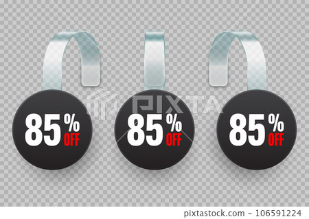 Supermarket promotional wobblers. Realistic black wobbler template for shelf advertising, 85 percent off discount. Sale label with ad text. Special offer price tag. Vector illustration Supermarket promotional wobblers. Realistic black wobbler template for shelf advertising, 85 percent off discount. Sale label with ad text. Special offer price tag. Vector illustration 106591224