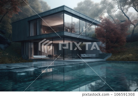 Design house - modern villa with open plan living and private bedroom wing. Large terrace with privacy and, swimming pool. Generative AI. 106591308