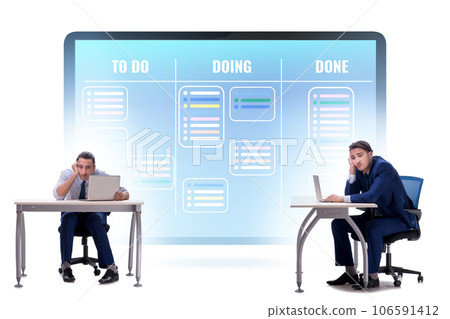 Businessman working on kanban board with tasks 106591412