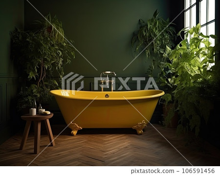 a bathtub in front of a green wall with plants on the walls and flooring it is surrounded by plants. AI Generative. a bathtub in front of a green wall with plants on the walls and flooring it is surrounded by plants. AI Generative. 106591456