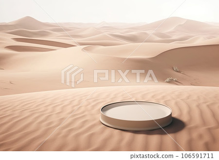 Podium on sand background. Display with sunshade and shadow on the background for cosmetic perfume fashion natural product. Generative AI. Podium on sand background. Display with sunshade and shadow on the background for cosmetic perfume fashion natural product. Generative AI. 106591711