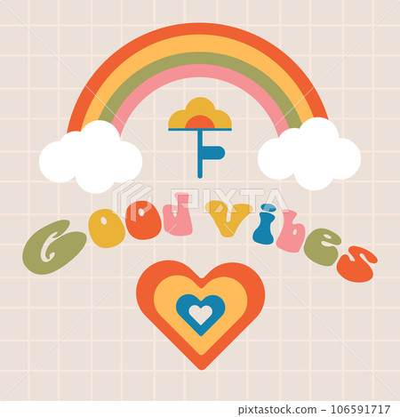 Good vibes retro,vintage sticker.bright groovy print 70s.Card 2000.Y2k.Vector flat illustration. Good vibes retro,vintage sticker.bright groovy print 70s.Card 2000.Y2k.Vector flat illustration. 106591717