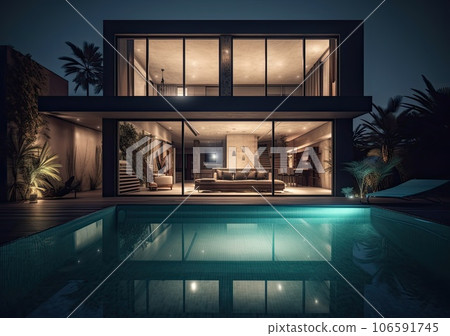 Design house - modern villa with open plan living and private bedroom wing. Large terrace with privacy and, swimming pool. Generative AI. 106591745