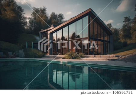 Design house - modern villa with open plan living and private bedroom wing. Large terrace with privacy and, swimming pool. Generative AI. 106591751