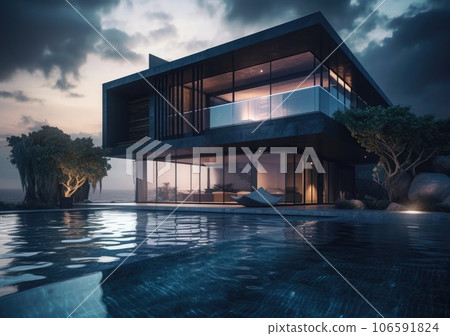 Design house - modern villa with open plan living and private bedroom wing. Large terrace with privacy and, swimming pool. Generative AI. 106591824
