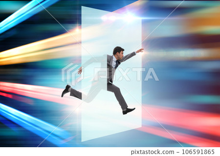 Businessman entering virtual world in business concept 106591865