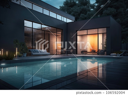 Design house - modern villa with open plan living and private bedroom wing. Large terrace with privacy and, swimming pool. Generative AI. 106592004