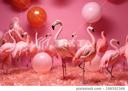 Flamingo in a room fullof balloons and decoration. Summer party concept. Ai generative. illustration 106592366