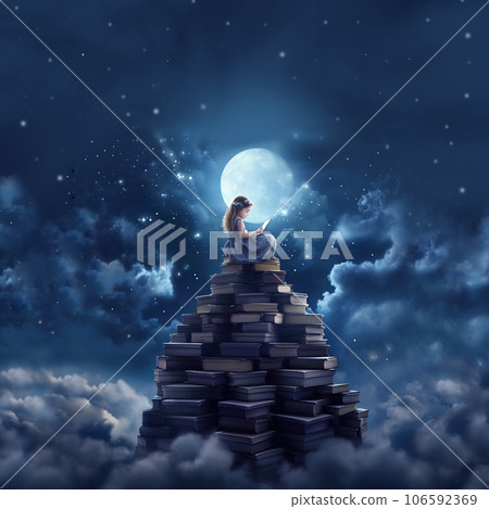 Illustration of a little girl sitting on a stack of books, reading. Books, learning, knowledge concept. AI generative. 106592369