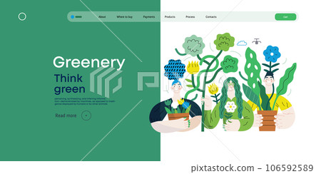 Greenery, ecology -modern flat vector concept illustration of people surrounded by plants and flowers. Metaphor of environmental sustainability and protection, closeness to nature 106592589
