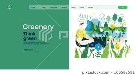 Greenery, ecology -modern flat vector concept illustration of a man sitting in the landscape with river and waterfall. Metaphor of environmental sustainability and protection, closeness to nature Greenery, ecology -modern flat vector concept illustration of a man sitting in the landscape with river and waterfall. Metaphor of environmental sustainability and protection, closeness to nature 106592591