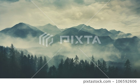 Aerial view of mountains with trees and storms in the background, in the style of romanticism vintage photo. Dull misty day hills landscape Aerial view of mountains with trees and storms in the background, in the style of romanticism vintage photo. Dull misty day hills landscape 106592606