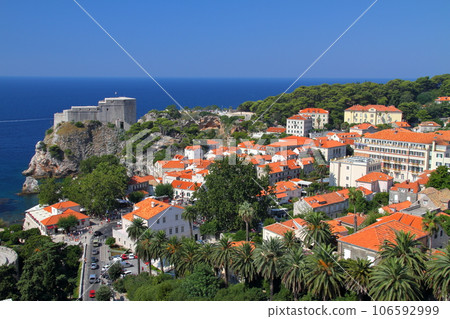 Dubrovnik, a world cultural heritage site in Croatia, the pearl of the Adriatic, Lovrijenac Fortress and new town from the old town walls Dubrovnik, a world cultural heritage site in Croatia, the pearl of the Adriatic, Lovrijenac Fortress and new town from the old town walls 106592999