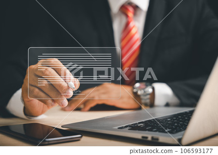 Digital transformation Businessman signs electronic documents on virtual screen using pen. electronic signature concept, effective business management, digital environment. Agreement is established. Digital transformation Businessman signs electronic documents on virtual screen using pen. electronic signature concept, effective business management, digital environment. Agreement is established. 106593177