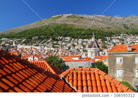 Croatia's world cultural heritage, the pearl of the Adriatic Sea, Dubrovnik, the old cityscape and Mt. Srj seen from the city walls Croatia's world cultural heritage, the pearl of the Adriatic Sea, Dubrovnik, the old cityscape and Mt. Srj seen from the city walls 106593312