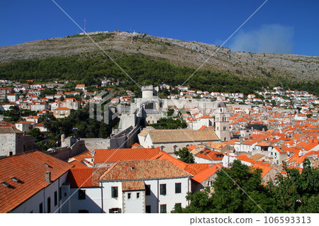 Croatia's world cultural heritage, the pearl of the Adriatic Sea, Dubrovnik, the old cityscape and Mt. Srj seen from the city walls 106593313