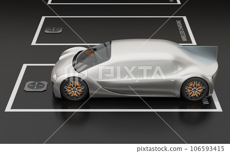 一輛由輪轂電機驅動的電動汽車停在停車場,可以進行非接觸式充電。 一輛由輪轂電機驅動的電動汽車停在停車場,可以進行非接觸式充電。 106593415