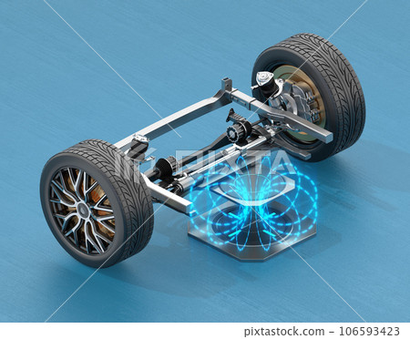 Illustration of a wireless power supply device charging the front wheel chassis of an in-wheel motor-driven electric vehicle 106593423