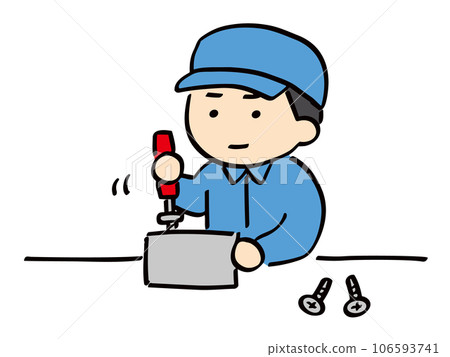 一位身穿工作服、戴著帽子的年輕人正在做組裝工作 一位身穿工作服、戴著帽子的年輕人正在做組裝工作 106593741