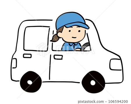 A young woman in work clothes and a hat driving a car A young woman in work clothes and a hat driving a car 106594200