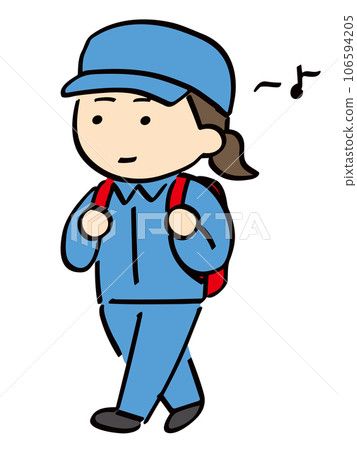 Smiling young woman in work clothes walking with a backpack (full body, hat) 106594205