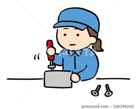 一位身穿工作服、戴著帽子的年輕女子正在做組裝工作 106594208