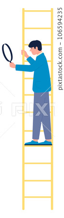 Man on ladder with magnifying glass. Business research strategy Man on ladder with magnifying glass. Business research strategy 106594235