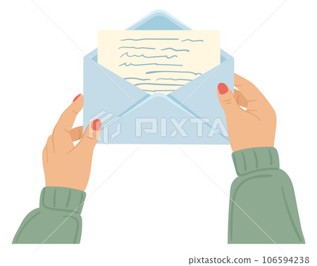 Open letter in human hands. Handwritten paper in envelope Open letter in human hands. Handwritten paper in envelope 106594238