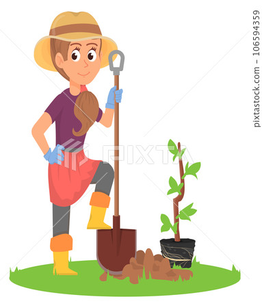 Woman digging ground. Female gardener. Cartoon character Woman digging ground. Female gardener. Cartoon character 106594359
