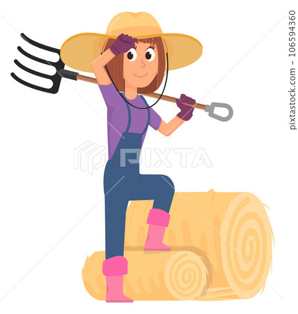 Woman farmer making hay roll with hayfork. Female character Woman farmer making hay roll with hayfork. Female character 106594360