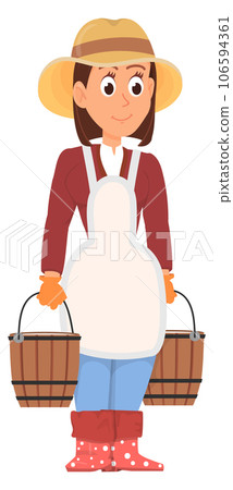Female farmer with wooden buckets. Woman gardener character Female farmer with wooden buckets. Woman gardener character 106594361