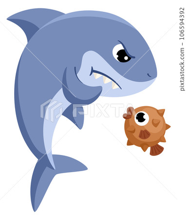 Angry shark with cute little fish. Cartoon underwater fauna 106594392