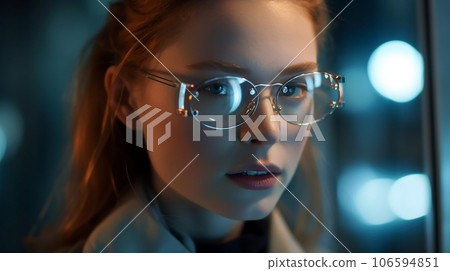 戴著智能眼鏡的時尚白人女性（Metaverse/AR/MR/VR） 106594851