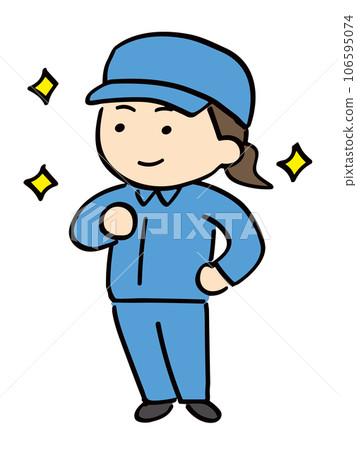 一個穿著工作服的女人伸展著她的胸膛 106595074