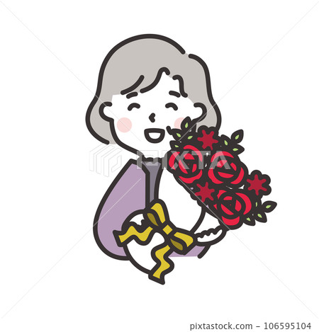 一位老婦人高興地收到一束紅花、60 歲生日慶祝活動、敬老日的插圖 一位老婦人高興地收到一束紅花、60 歲生日慶祝活動、敬老日的插圖 106595104