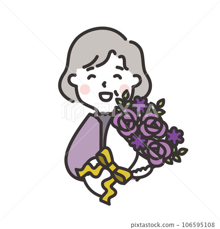 一位老年婦女很高興收到紫色花束作為禮物慶祝七十歲敬老日的插圖 一位老年婦女很高興收到紫色花束作為禮物慶祝七十歲敬老日的插圖 106595108