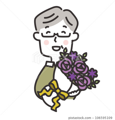 Illustration of an elderly man happy to receive a purple bouquet as a gift Celebration of 70 years old Respect for the Aged Day Illustration of an elderly man happy to receive a purple bouquet as a gift Celebration of 70 years old Respect for the Aged Day 106595109