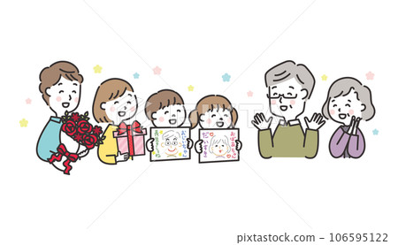 Illustration of a three-generation family celebrating the 60th birthday of grandparents Respect for the Aged Day Caricature 106595122
