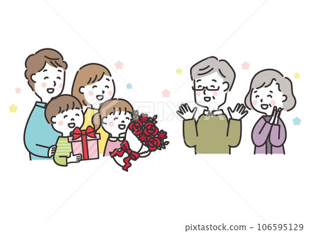 Illustration of a family celebrating the 60th birthday of grandparents, Respect for the Aged Day, three generations Illustration of a family celebrating the 60th birthday of grandparents, Respect for the Aged Day, three generations 106595129