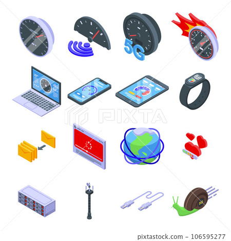 Internet speed icons set. Isometric set of internet speed vector icons for web design isolated on white background Internet speed icons set. Isometric set of internet speed vector icons for web design isolated on white background 106595277
