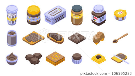 Chocolate paste icons set. Isometric set of chocolate paste vector icons for web design isolated on white background 106595283
